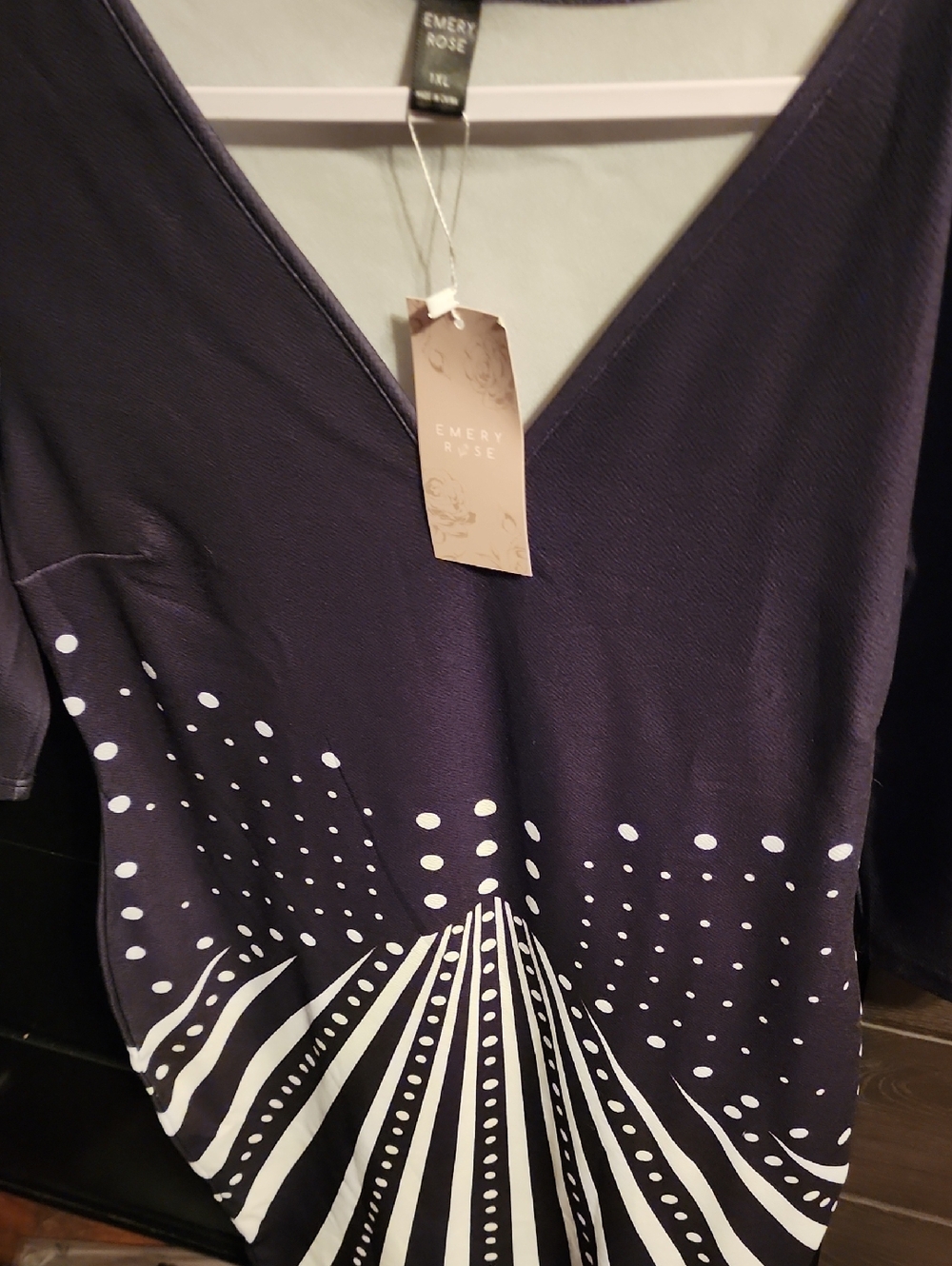 Emery Rose Black V-Neck Dress with White Dot & Stripe Print